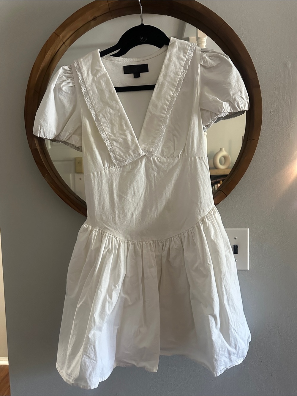White Puff Sleeve Dress with V-Neck Trim